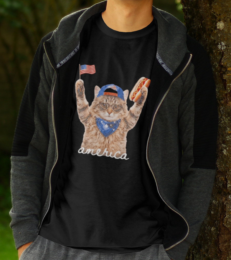 Patriotic Cat American Flag Hot Dog America Fourth Of July Celebration T-Shirt