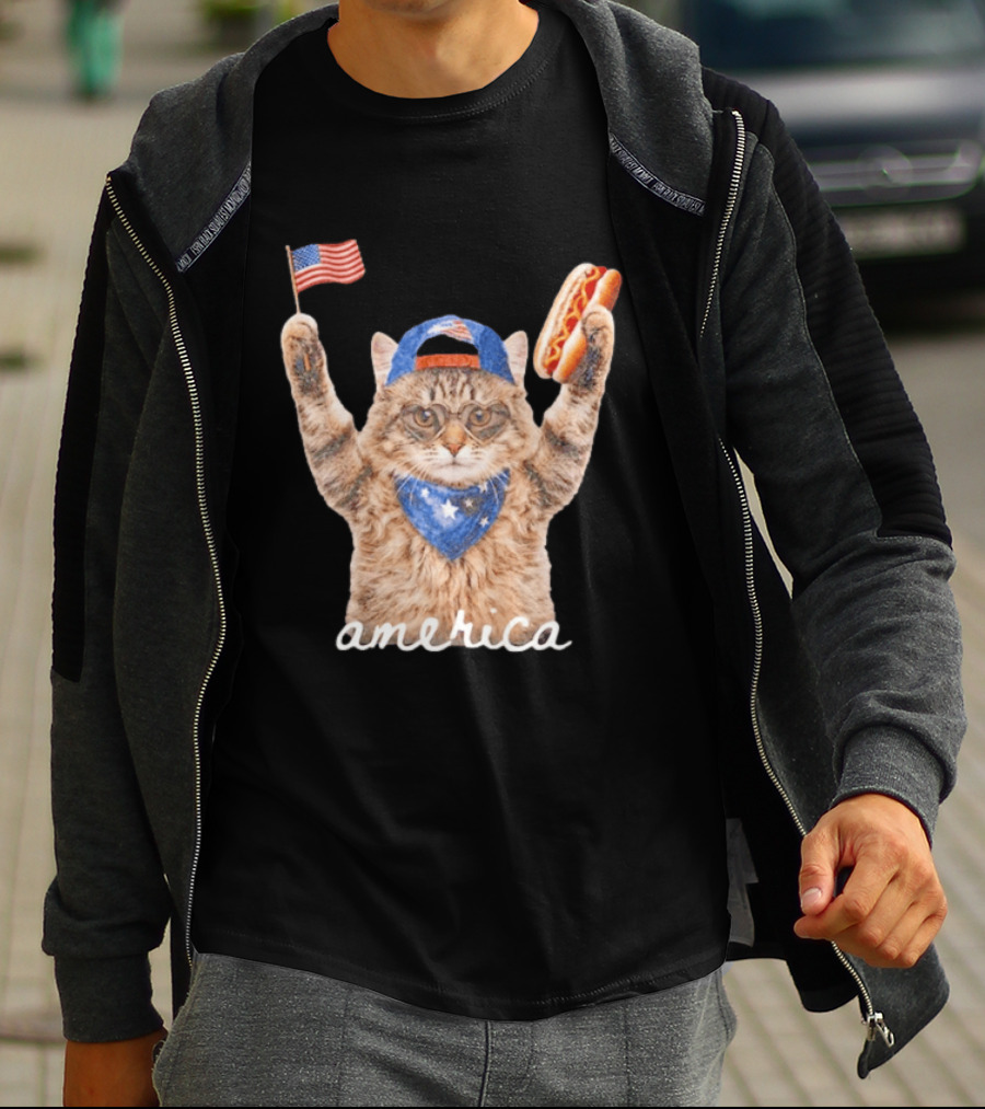 Patriotic Cat American Flag Hot Dog America Fourth Of July Celebration T-Shirt