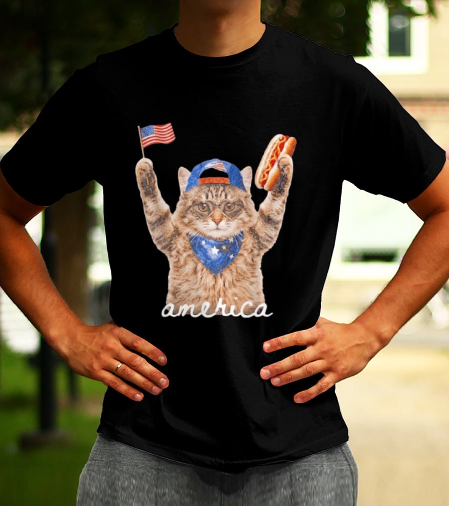 Patriotic Cat American Flag Hot Dog America Fourth Of July Celebration T-Shirt