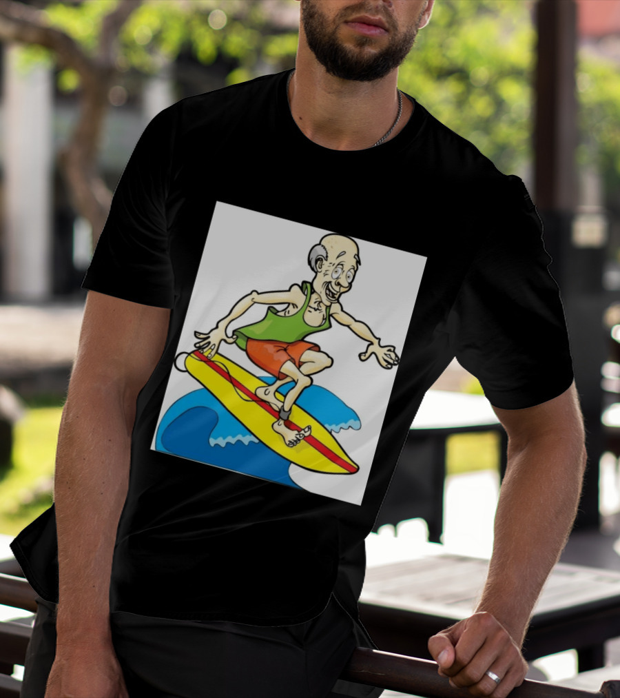 Retired Man Surfing Funny Cartoon Boomer On Yellow Board With Blue Waves T-Shirt
