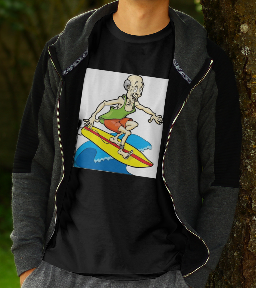 Retired Man Surfing Funny Cartoon Boomer On Yellow Board With Blue Waves T-Shirt