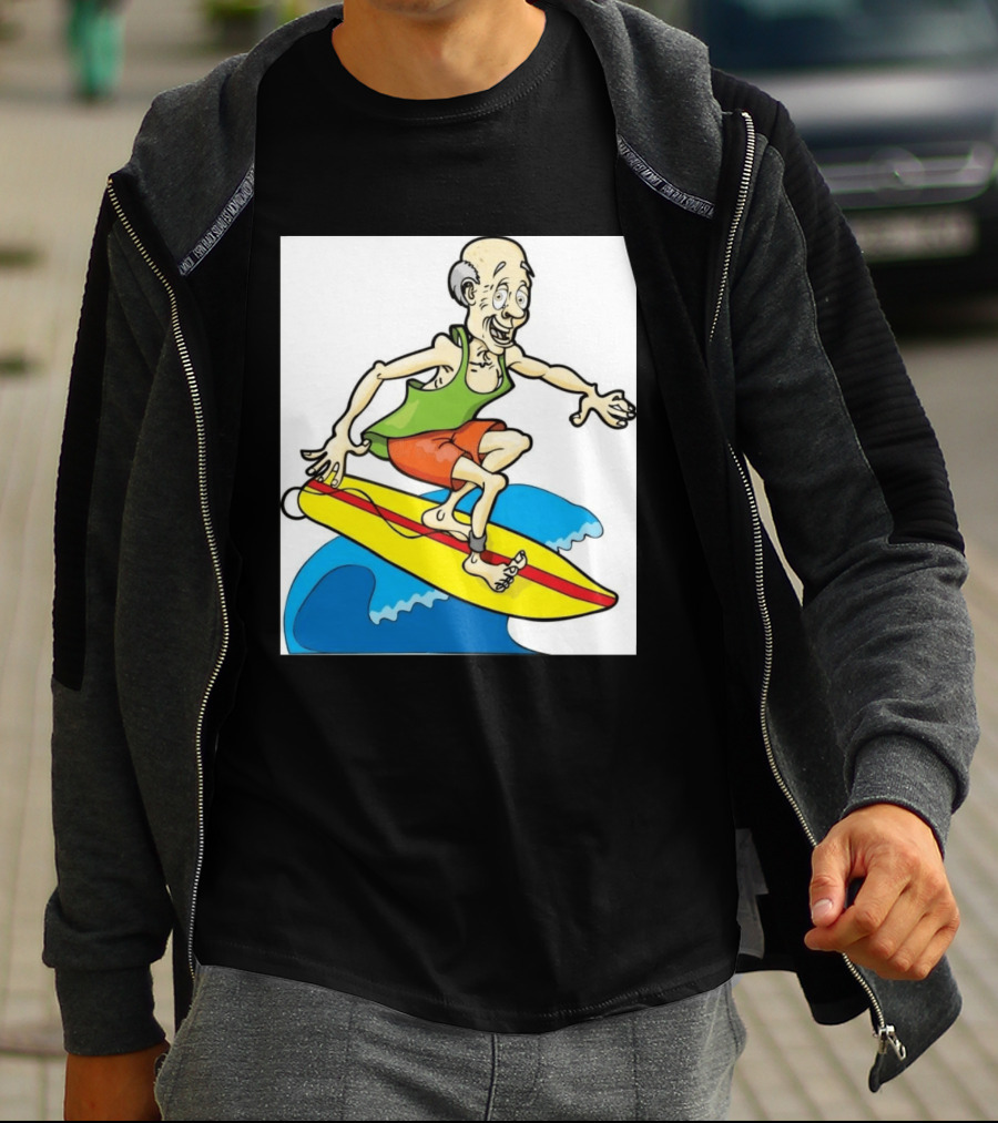 Retired Man Surfing Funny Cartoon Boomer On Yellow Board With Blue Waves T-Shirt