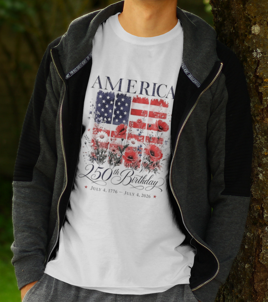 America 250th Birthday July 4 1776 2026 Floral Flag T-Shirt