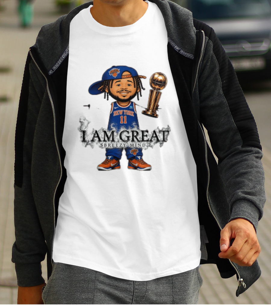 New York Knicks Jalen Brunson I Am Great Big Head Stick Hand Trophy T-Shirt