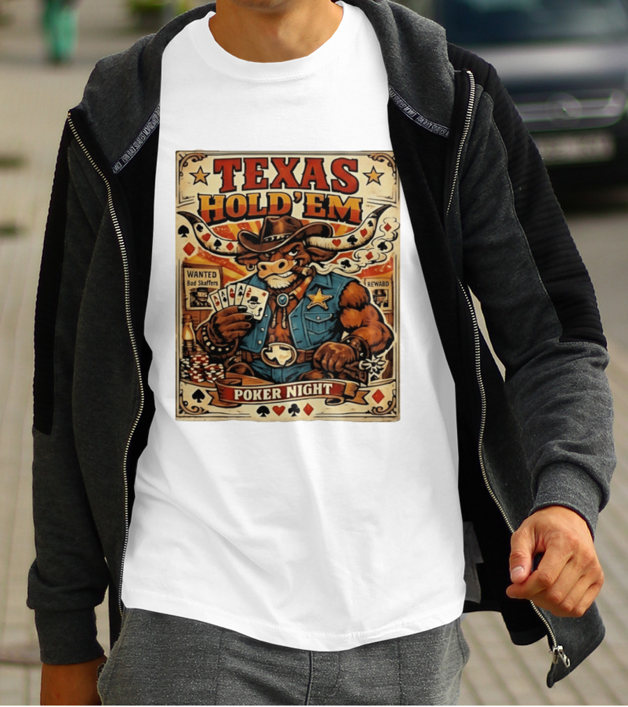 Texas Hold'em Poker Night Cowboy Bull Playing Cards Wanted Bad Skaffers T-Shirt
