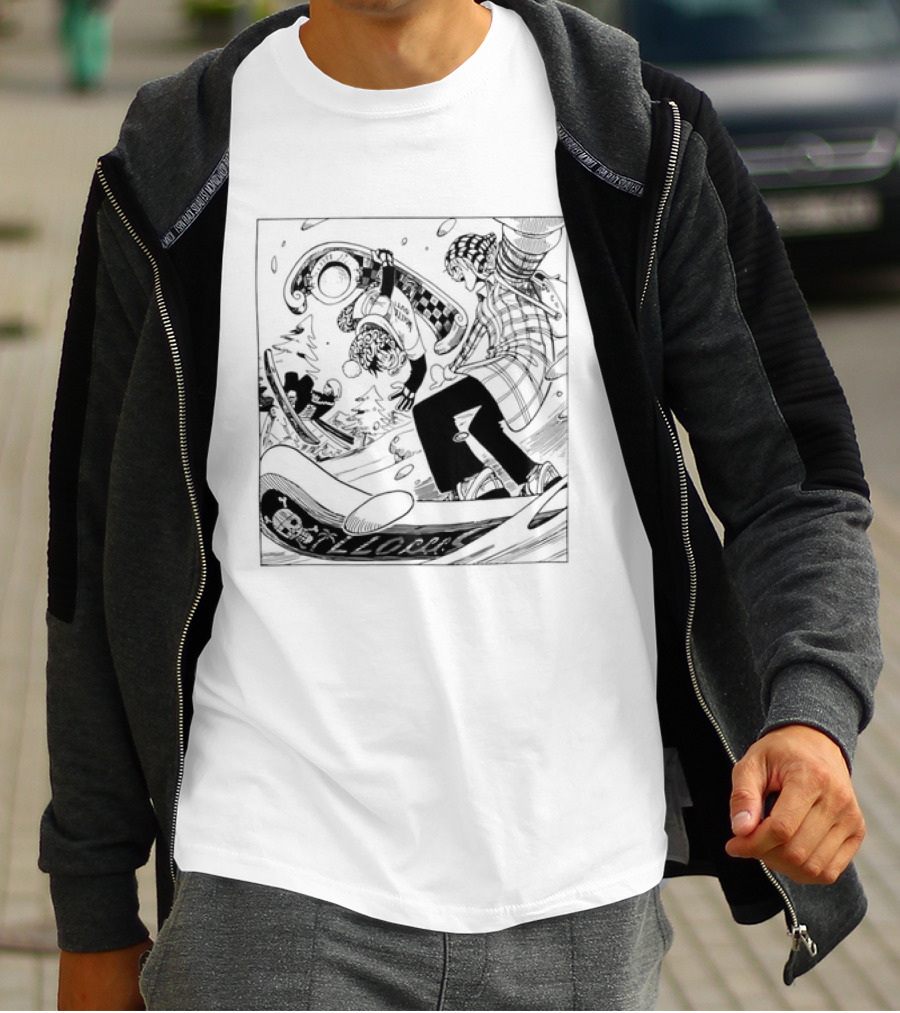 Snowboarding One Piece Crew Manga Style Action White Out Winter Scene T-Shirt