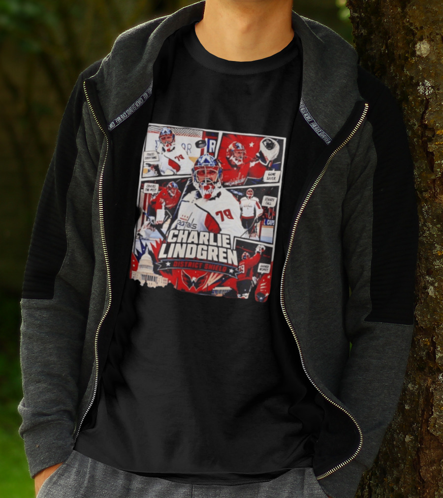 Charlie Lindgren Capitals District Shield Comic Style Hockey Action T-Shirt