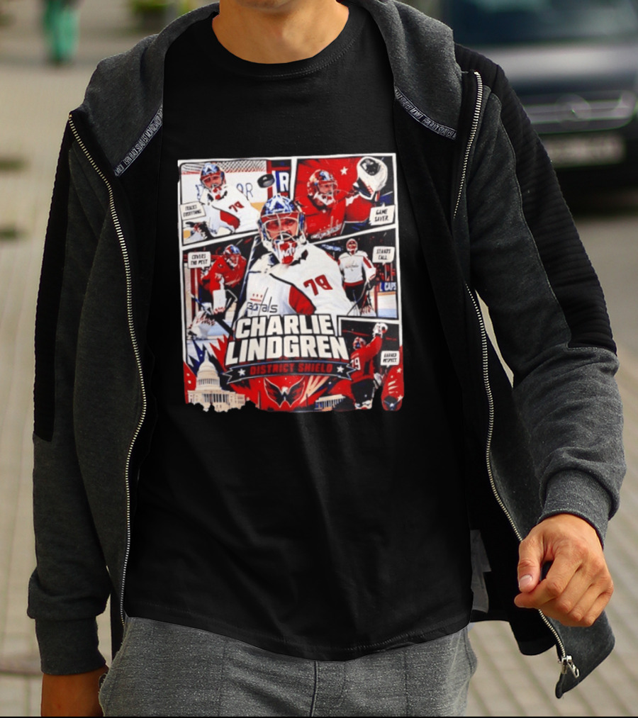Charlie Lindgren Capitals District Shield Comic Style Hockey Action T-Shirt