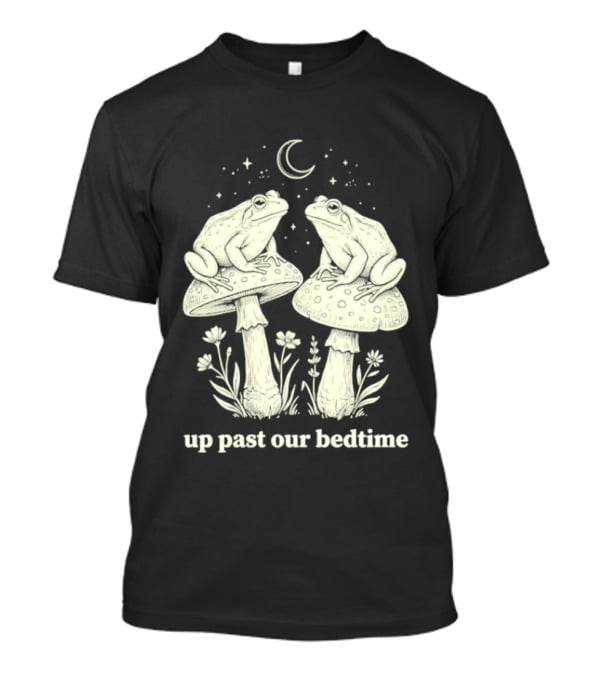 Two Frogs On Mushrooms Up Past Our Bedtime Night Sky Moon Stars T-Shirt