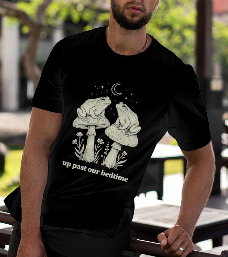 Two Frogs On Mushrooms Up Past Our Bedtime Night Sky Moon Stars T-Shirt
