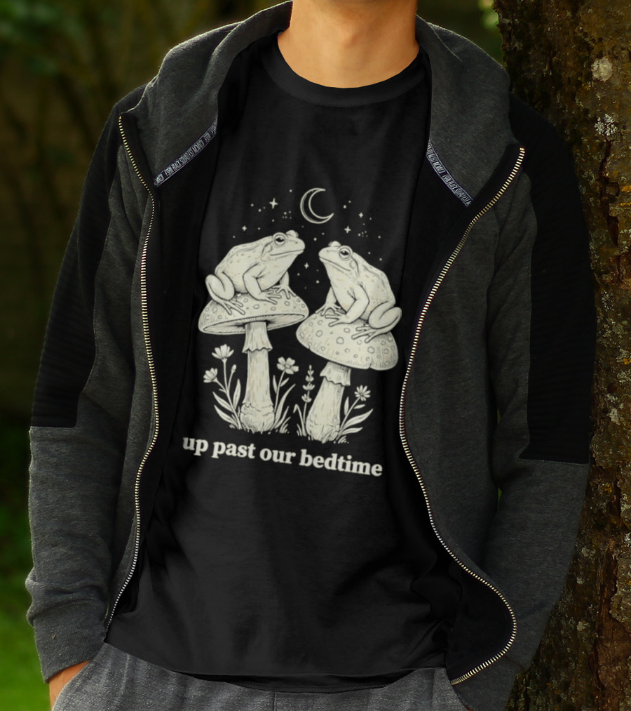 Two Frogs On Mushrooms Up Past Our Bedtime Night Sky Moon Stars T-Shirt