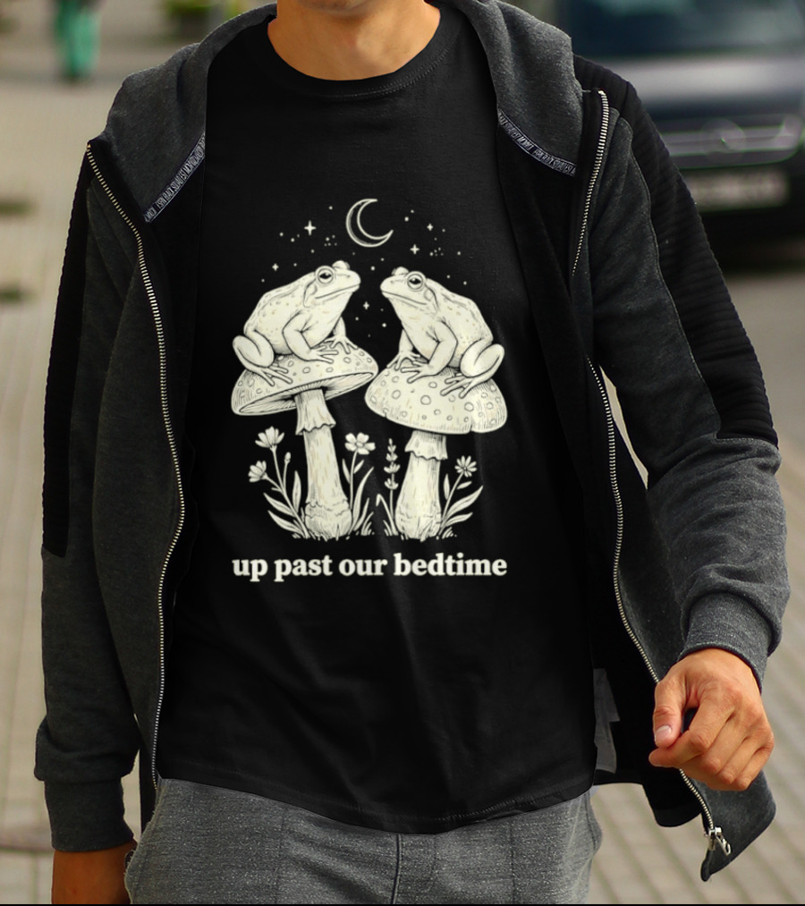 Two Frogs On Mushrooms Up Past Our Bedtime Night Sky Moon Stars T-Shirt