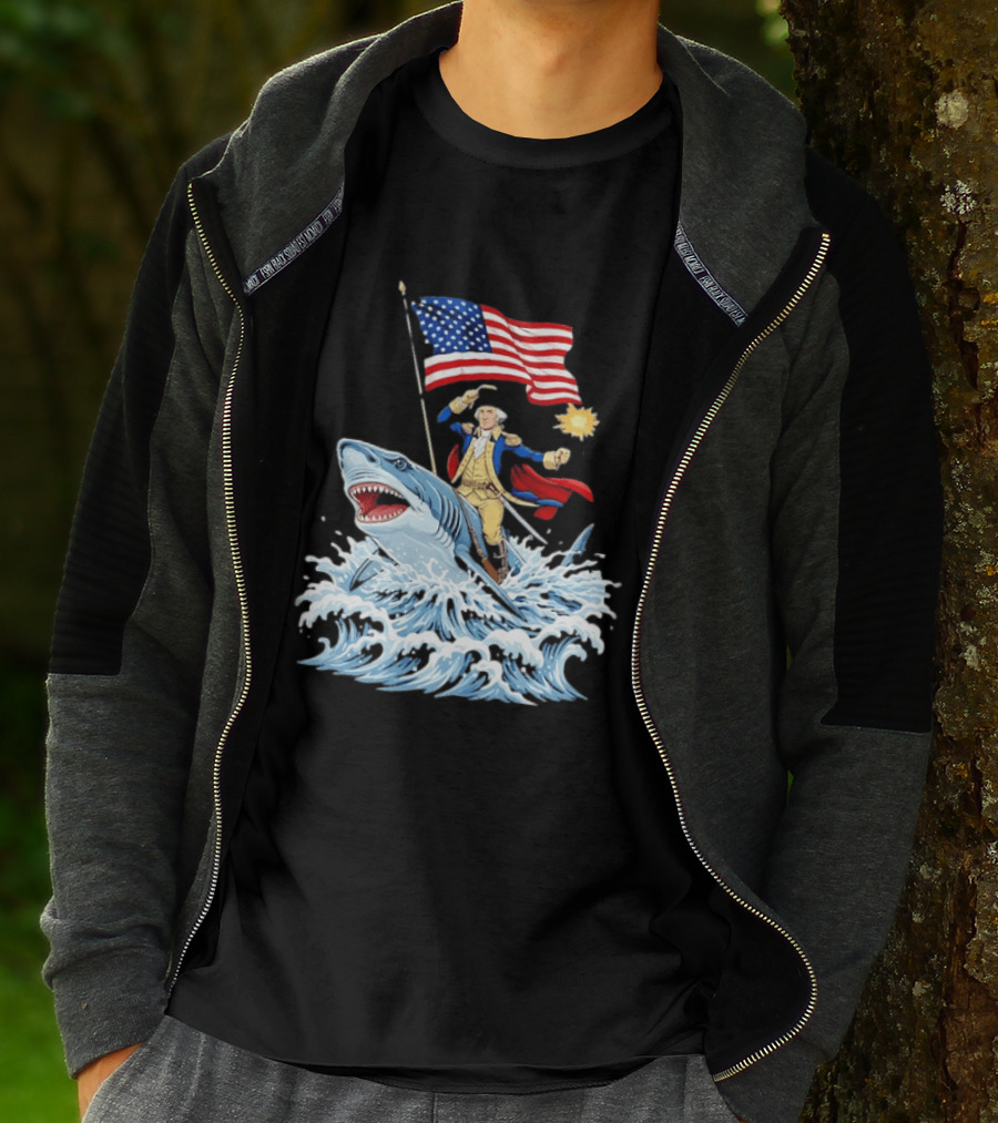 Shark Riding George Washington With American Flag Patriotic 4th Of July T-Shirt
