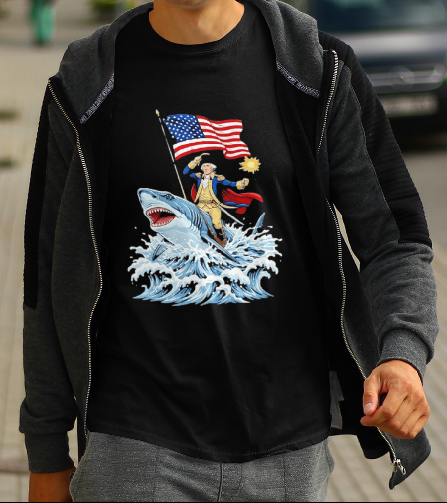 Shark Riding George Washington With American Flag Patriotic 4th Of July T-Shirt