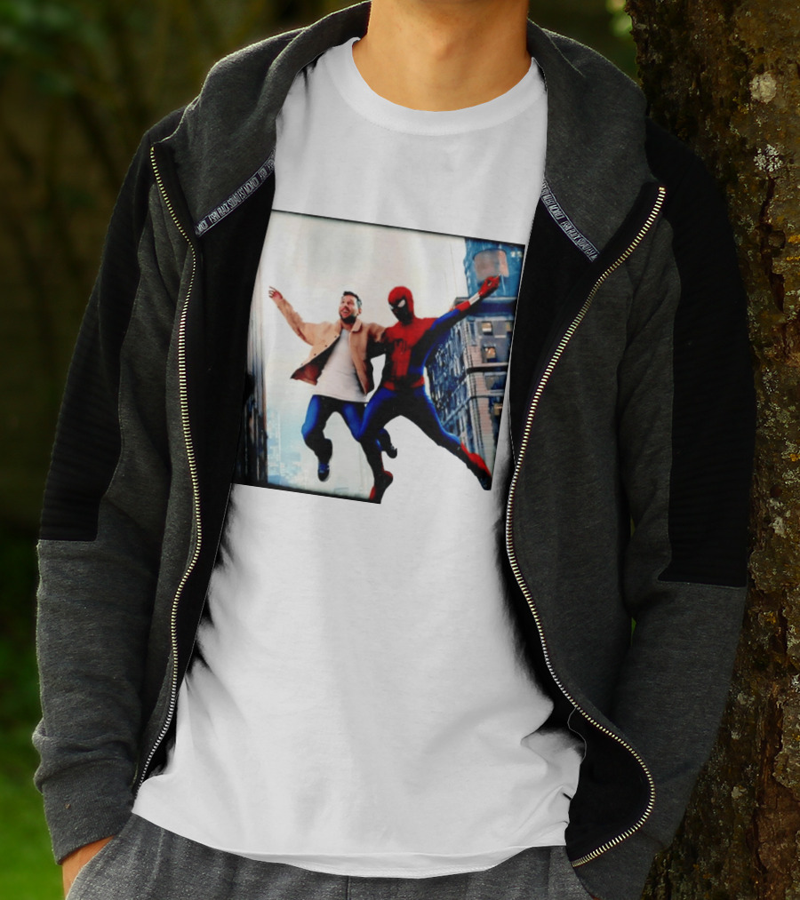 Lionel Messi And Spider Man Jump In City Marvel Cinematic Universe T-Shirt