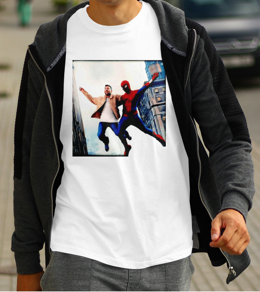 Lionel Messi And Spider Man Jump In City Marvel Cinematic Universe T-Shirt