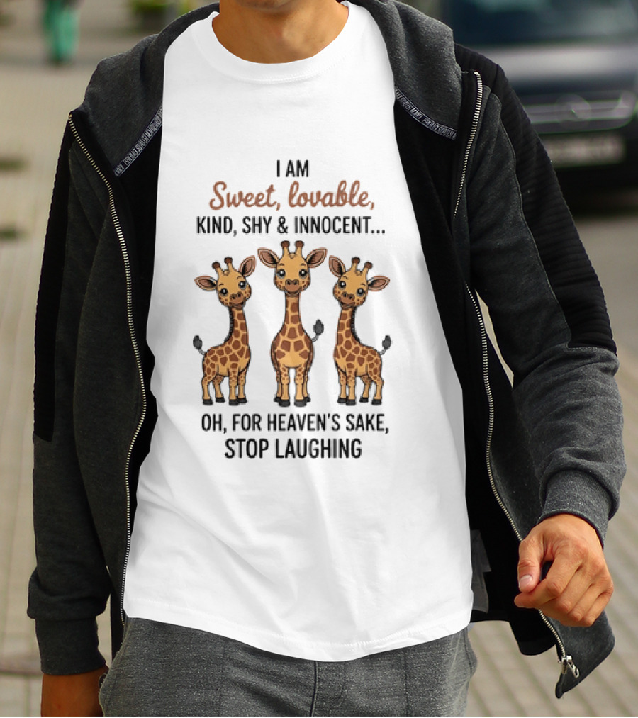 I Am Sweet Lovable Kind Shy Innocent Oh For Heaven's Sake Stop Laughing Giraffe Trio T-Shirt