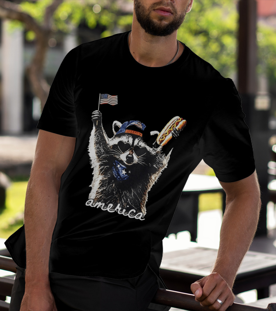 Raccoon Holding Hot Dog And Flag America 4th Of July Celebration T-Shirt