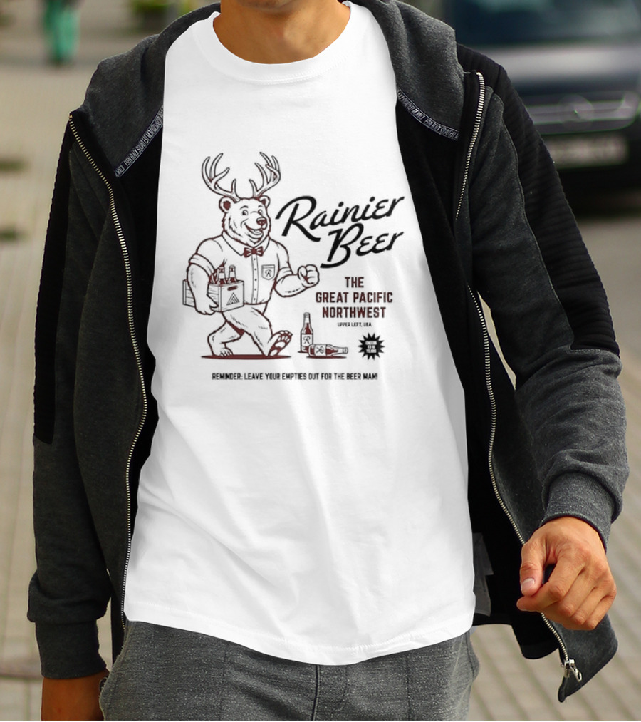 Rainier Beer Jackalope Bear Great Pacific Northwest Explore Legend Of The Sasquatch T-Shirt