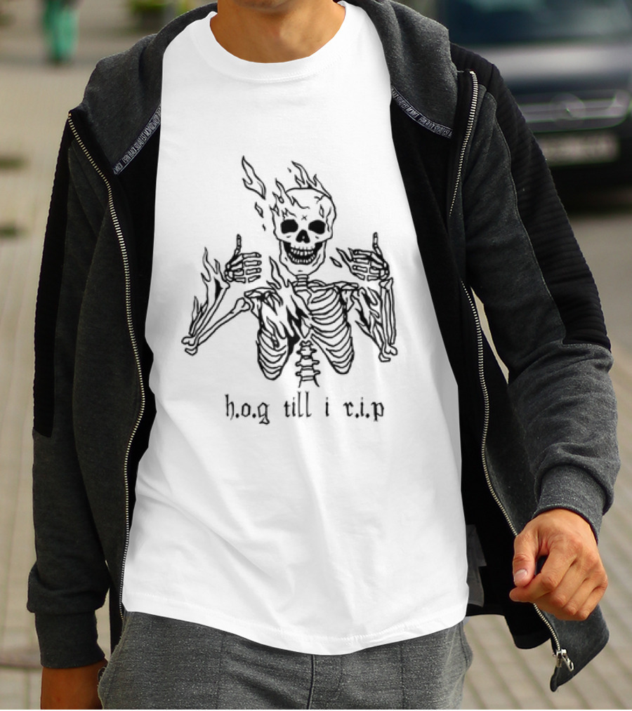 Hog Till I Rip Skeleton Flaming Skull Paint T-Shirt