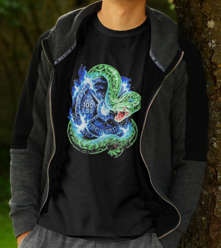 100 Lbs Iron Grip Snake With Lightning And Dumbbell T-Shirt
