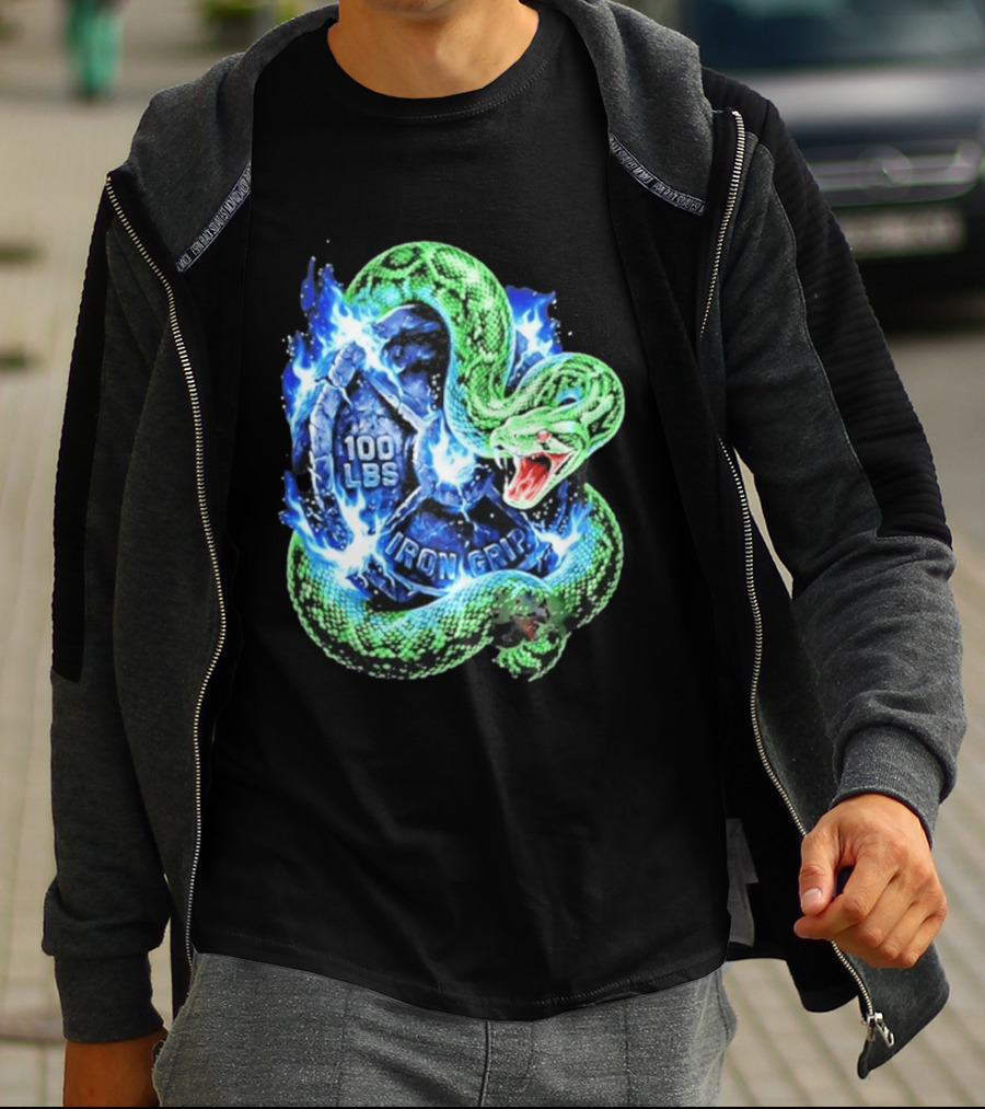 100 Lbs Iron Grip Snake With Lightning And Dumbbell T-Shirt