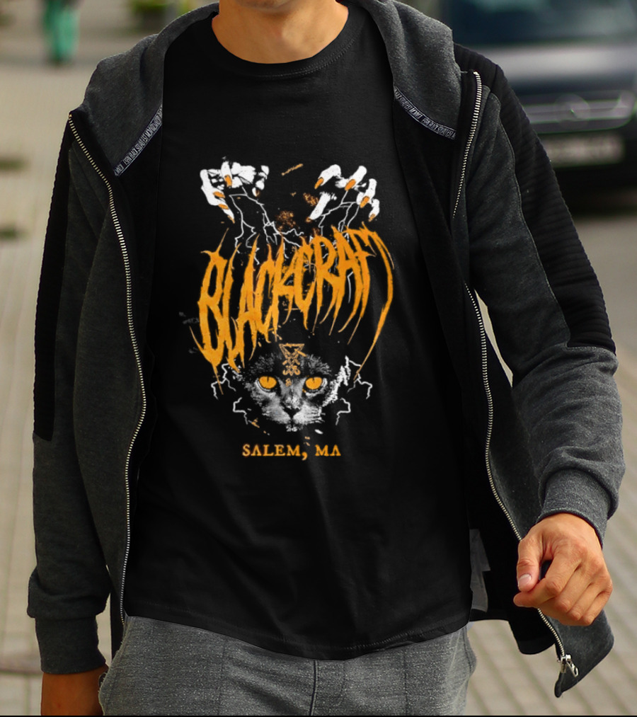Blackcraft Salem MA Cat Occult Theme With Leviathan Cross T-Shirt