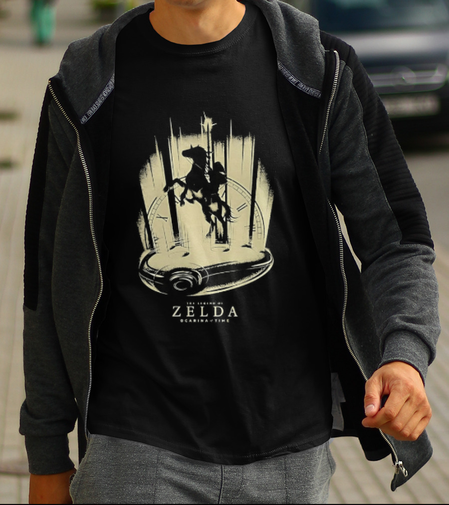Link Riding Epona Castle Background Zelda Ocarina Of Time T-Shirt