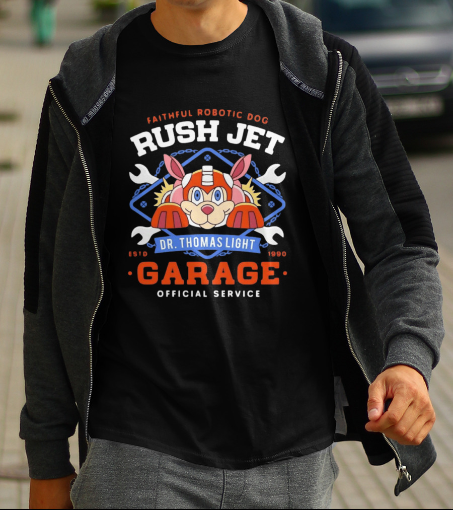 Faithful Robotic Dog Rush Jet Dr Thomas Light Garage Estd 1990 Official Service T-Shirt