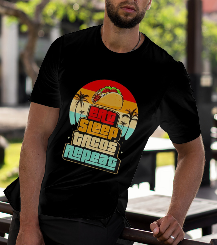 Eat Sleep Tacos Repeat Gaming Retro Sunset Palm Trees T-Shirt