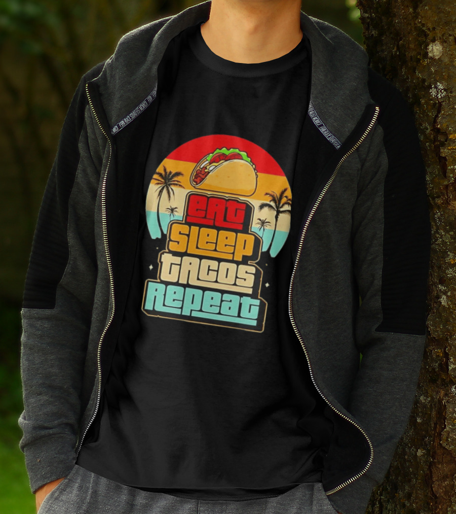 Eat Sleep Tacos Repeat Gaming Retro Sunset Palm Trees T-Shirt