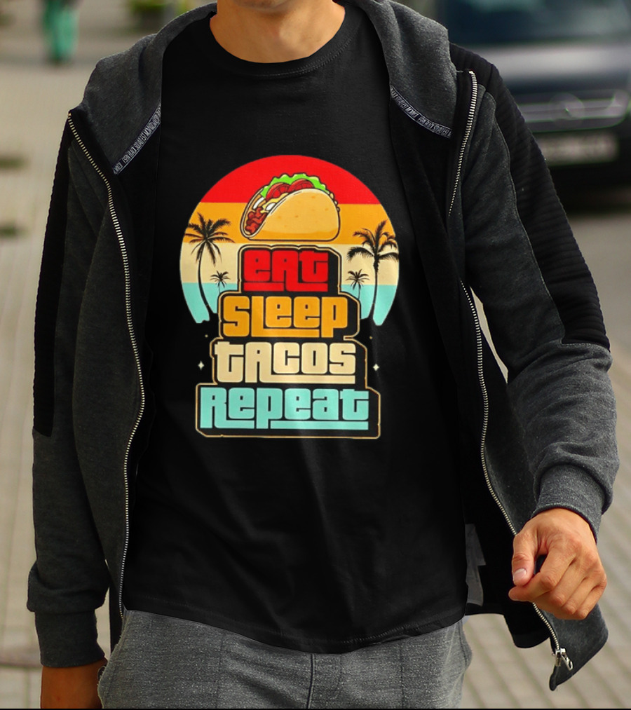 Eat Sleep Tacos Repeat Gaming Retro Sunset Palm Trees T-Shirt