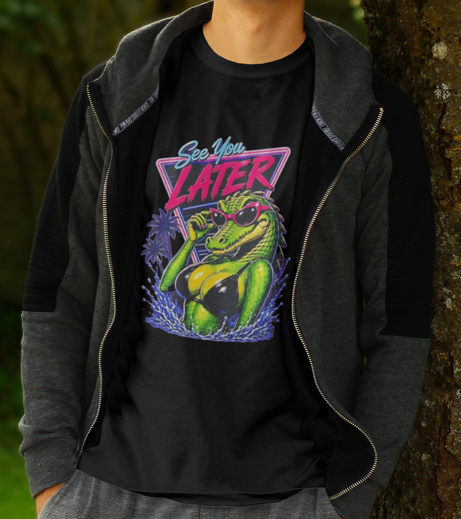 See You Later Crocodile Basking In Bikini With Sunglasses Retro Neon T-Shirt