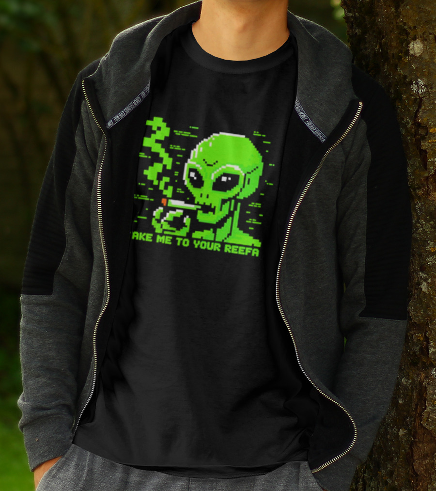 Take Me To Your Reefa Alien Smoking Pixel Art Green Extraterrestrial T-Shirt