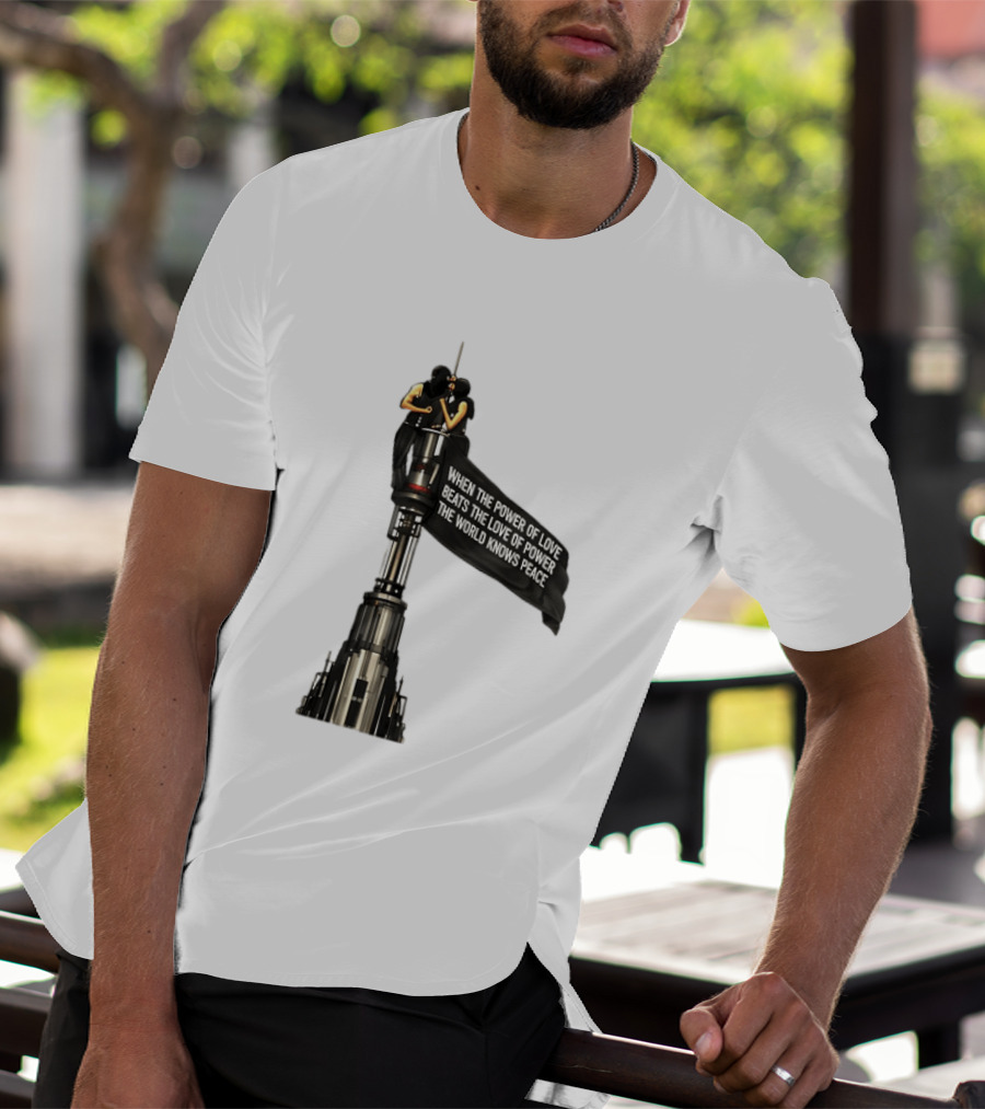 Angela Nikolau And Ivan Beerkus Love And Peace Flag On Empire State Building T-Shirt