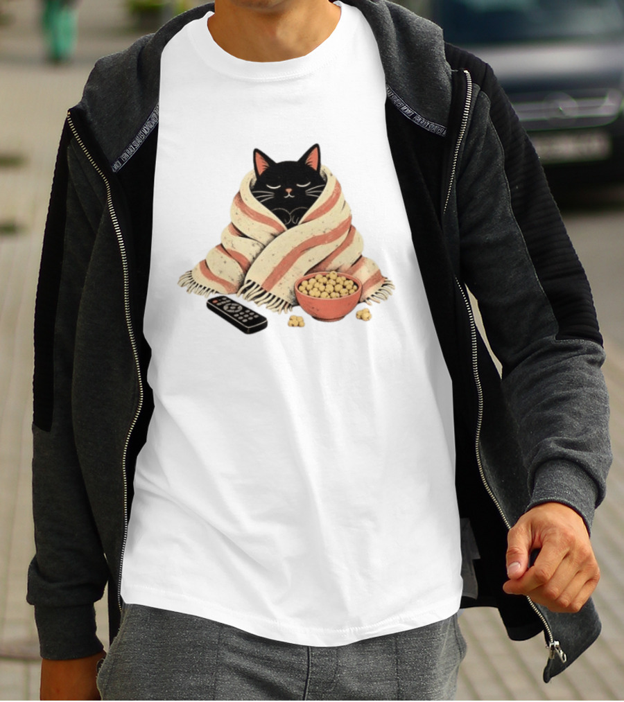 Cozy Black Cat Wrapped In Blanket With Popcorn And Remote T-Shirt