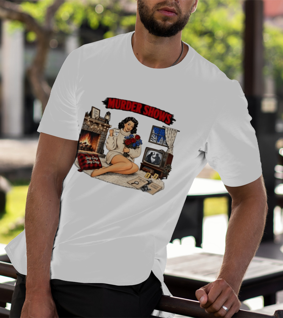 Murder Shows Cozy Creepy Mystery Scene With Fire, Roses, And Vintage TV T-Shirt