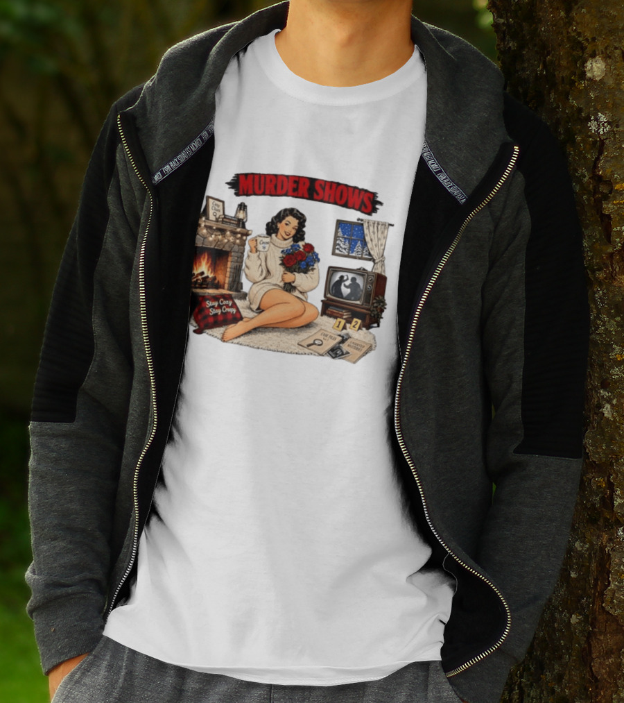 Murder Shows Cozy Creepy Mystery Scene With Fire, Roses, And Vintage TV T-Shirt