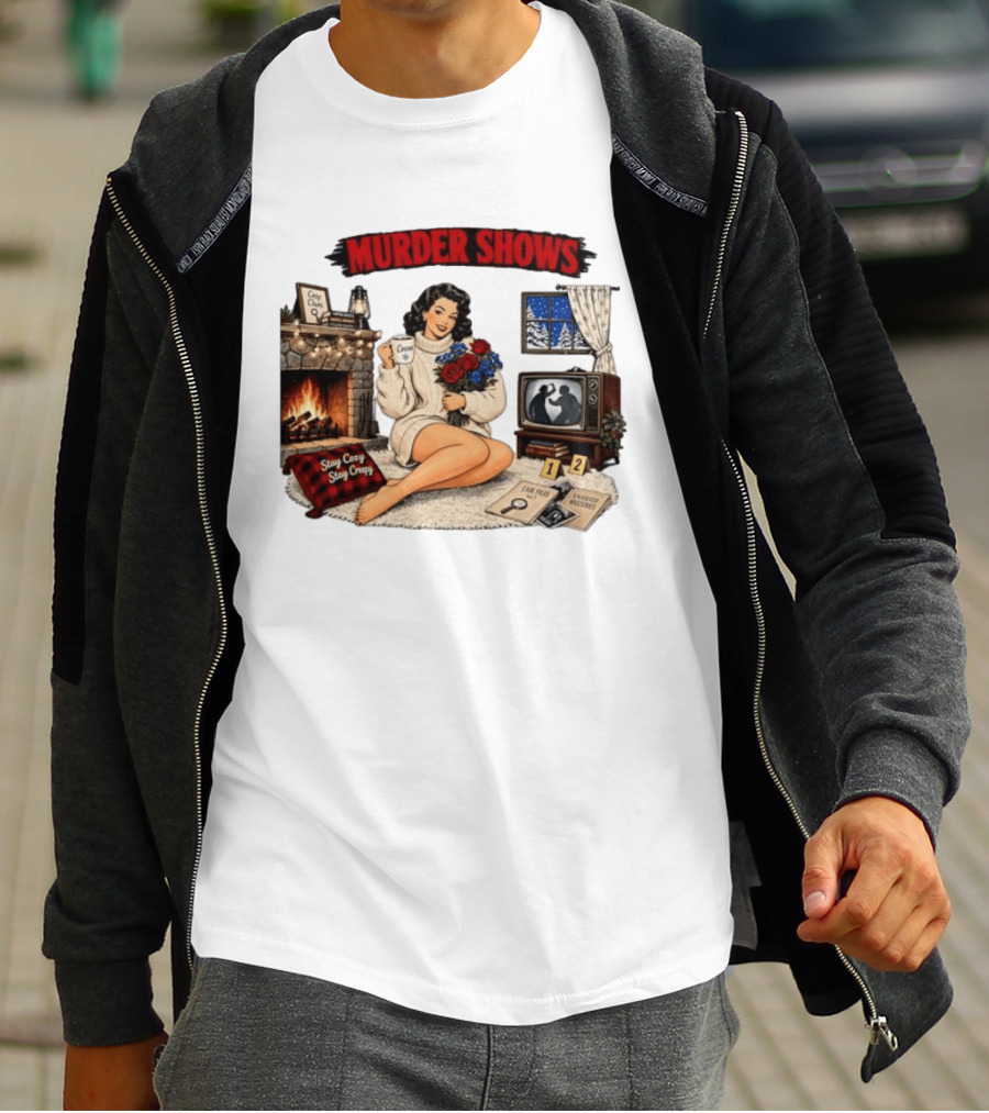 Murder Shows Cozy Creepy Mystery Scene With Fire, Roses, And Vintage TV T-Shirt