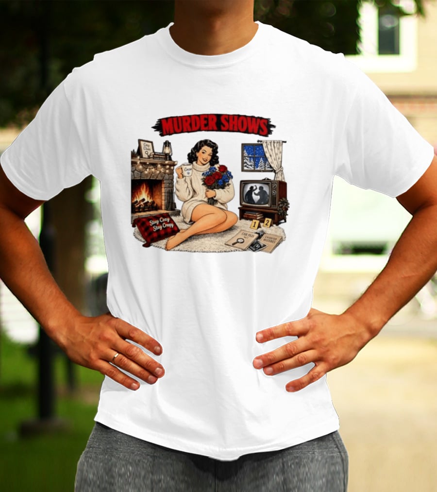 Murder Shows Cozy Creepy Mystery Scene With Fire, Roses, And Vintage TV T-Shirt