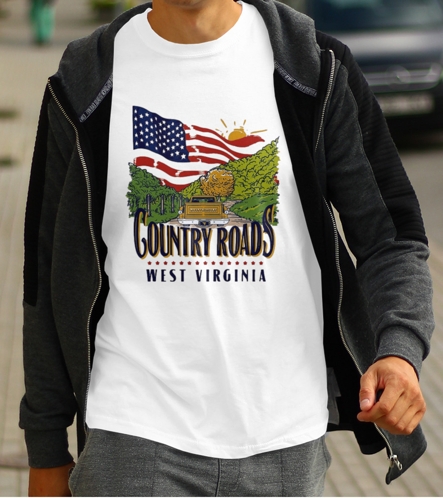 Country Roads West Virginia American USA Flag Vintage Truck Scenic Route T-Shirt