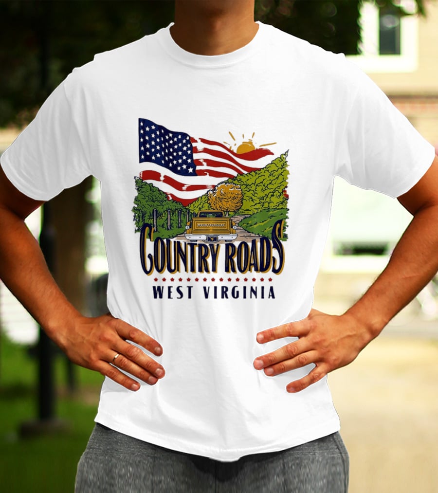 Country Roads West Virginia American USA Flag Vintage Truck Scenic Route T-Shirt