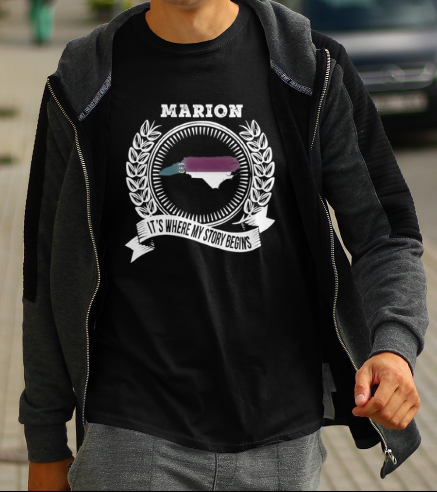 Marion It's Where My Story Begins Map With Laurel Wreath And Banner T-Shirt