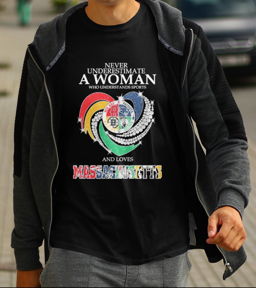 Never Underestimate A Woman Who Understands Boston Red Sox Celtics Patriots Bruins Sports Loves Massachusetts T-Shirt