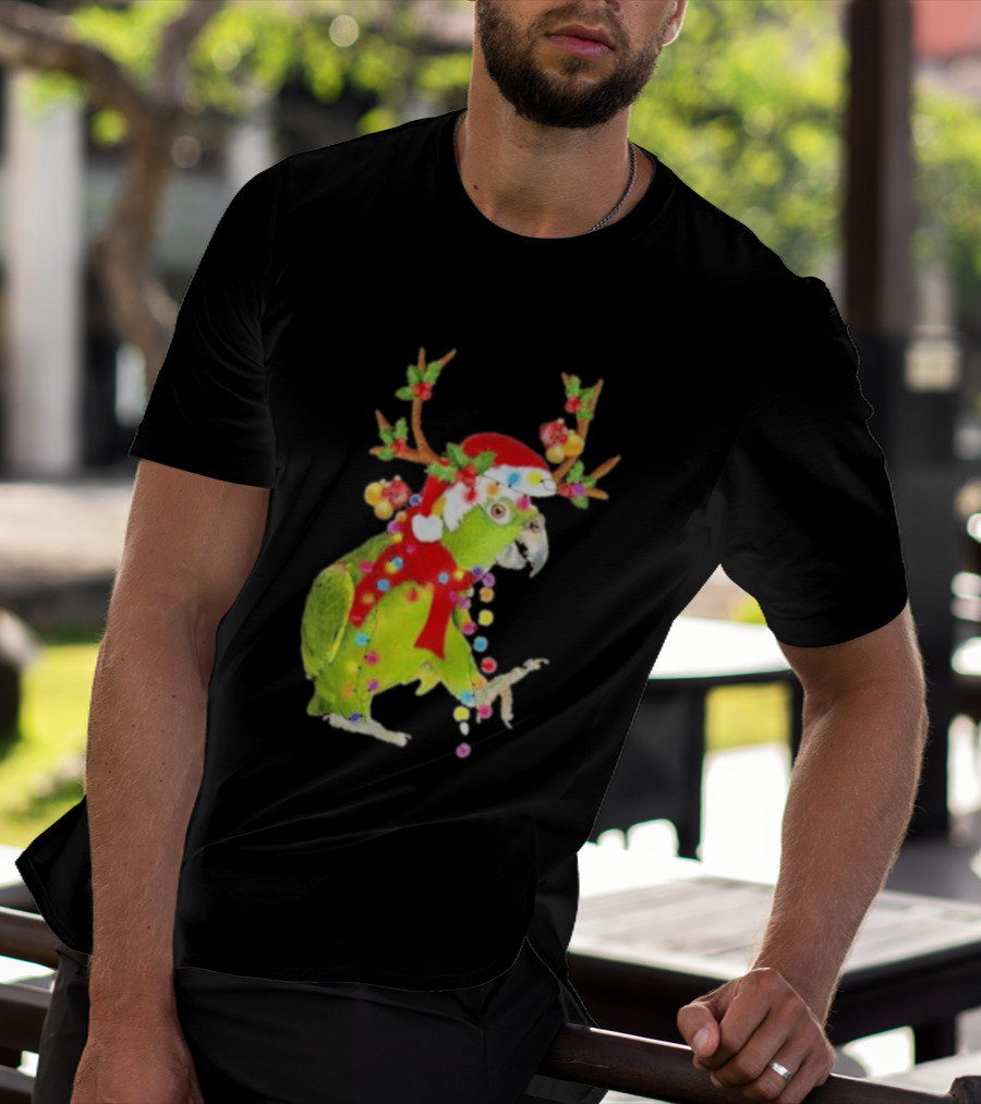 Festive Parrot Wearing Santa Hat And Reindeer Antlers T-Shirt