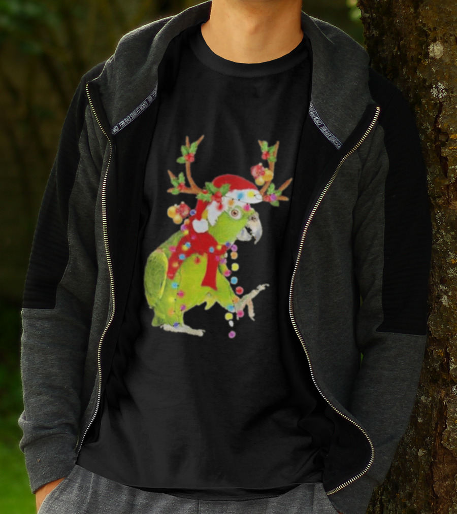 Festive Parrot Wearing Santa Hat And Reindeer Antlers T-Shirt