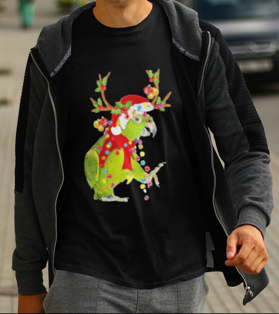 Festive Parrot Wearing Santa Hat And Reindeer Antlers T-Shirt