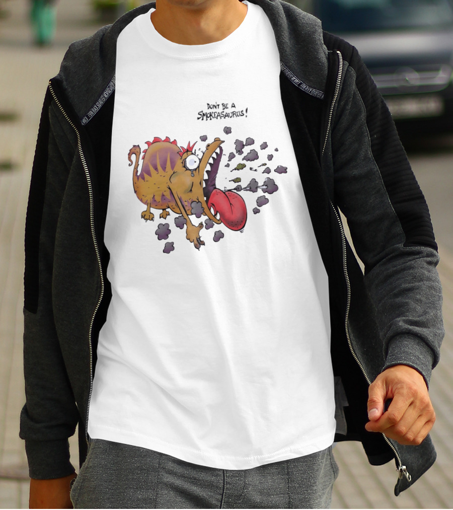 Buttoutz Don't Be A Smokeasaurus Smoking Dinosaur Cartoon Funny Anti Smoking Message T-Shirt