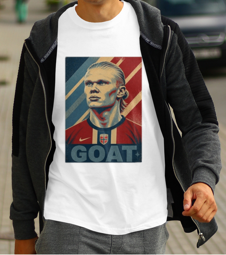 Erling Haaland G.O.A.T Norway Soccer Legend Iconic Red Blue Stripes T-Shirt