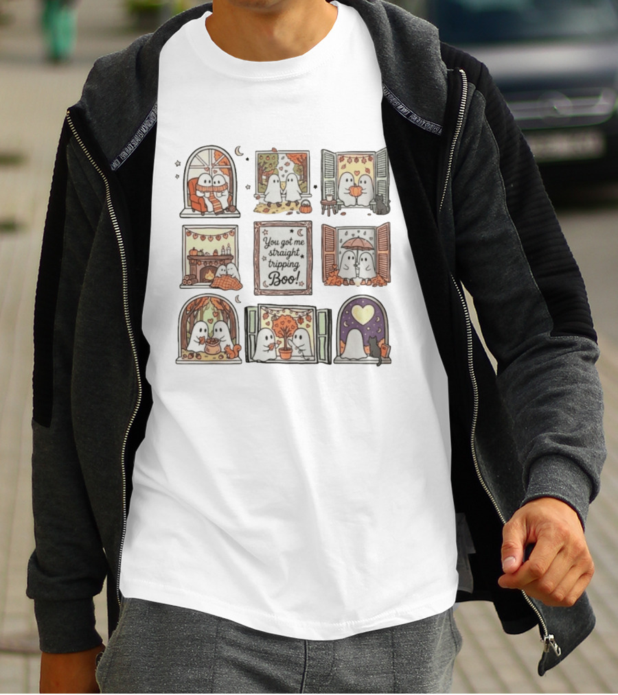 You Got Me Straight Tripping Boo Ghosts In Autumn Windows Cozy Scenes T-Shirt